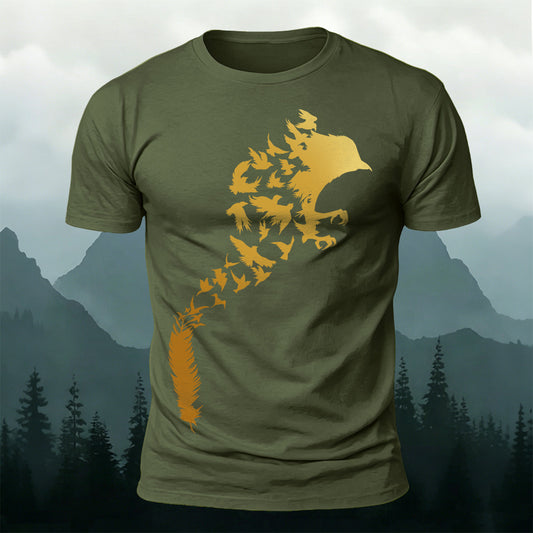 クリエイティブなワタリガラスのシルエットグラフィック入りプレミアムコットンTシャツ