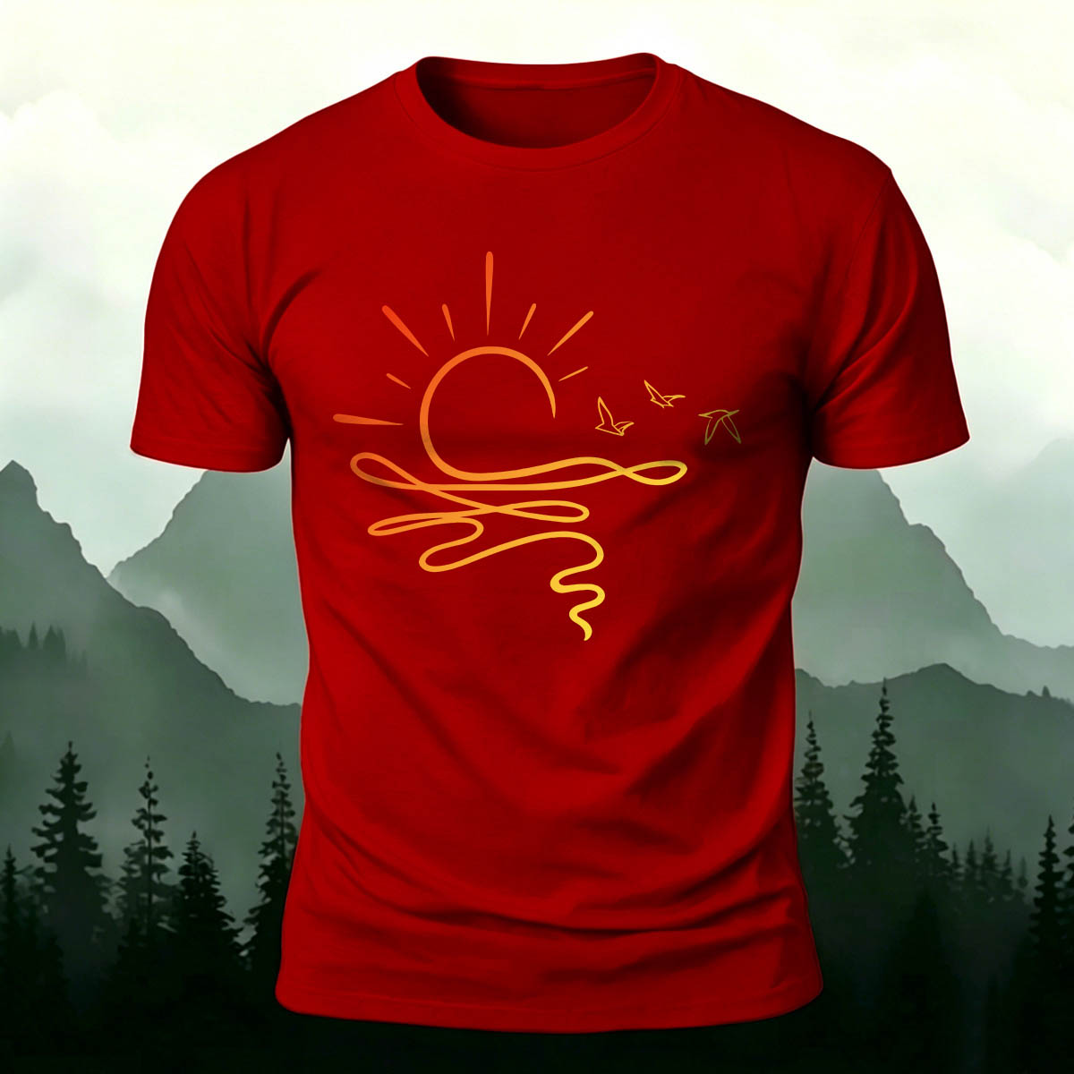One Line Sunset Stream Outdoor  Premium Cotton T-Shirt