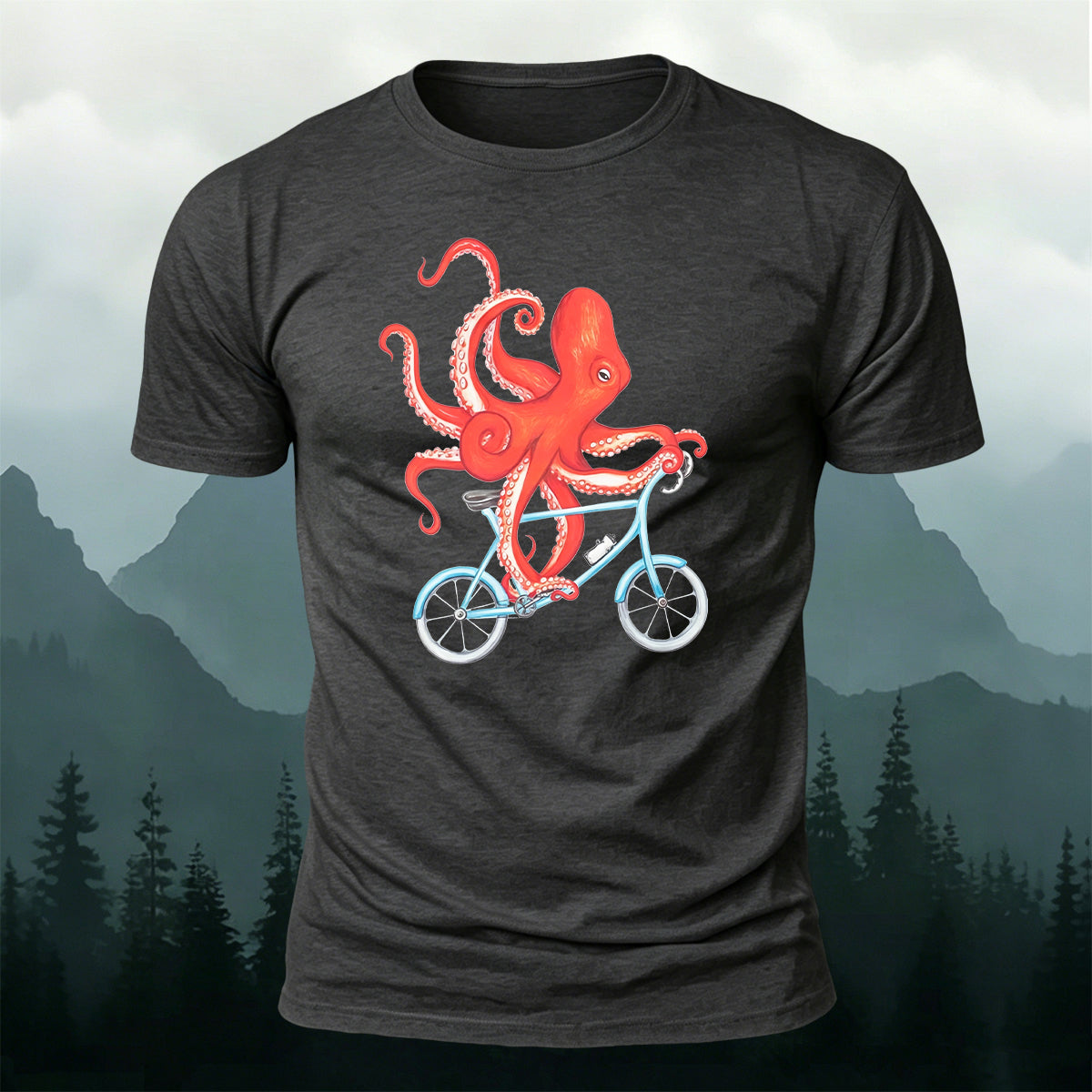 Cute Watercolour Octopus Cyclist Casual Cotton Tee