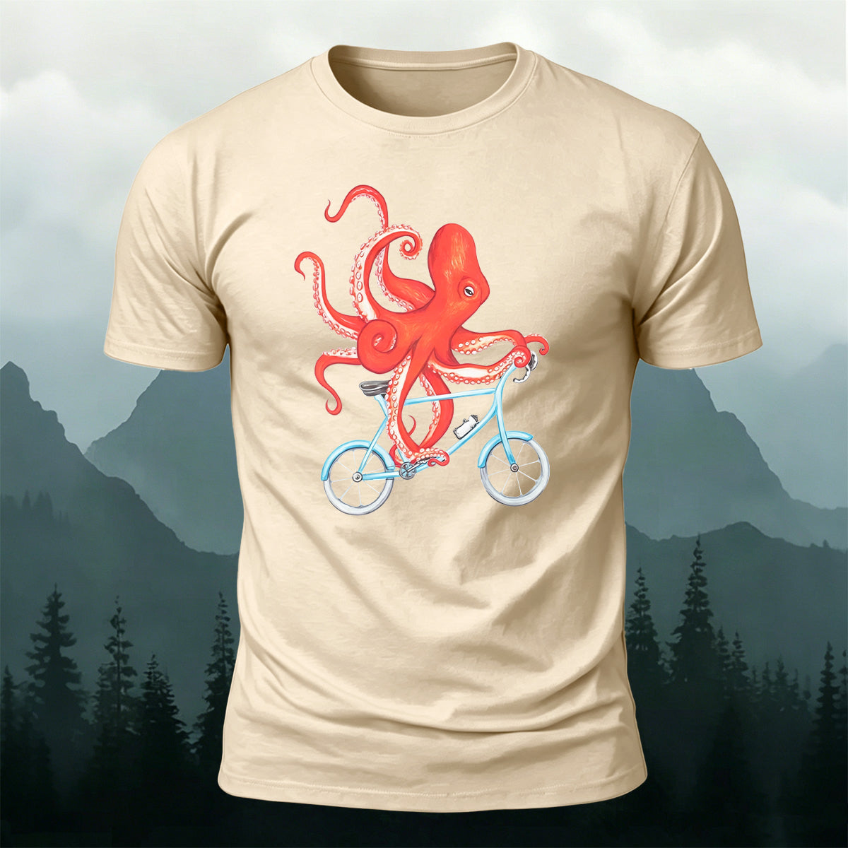 Cute Watercolour Octopus Cyclist Casual Cotton Tee