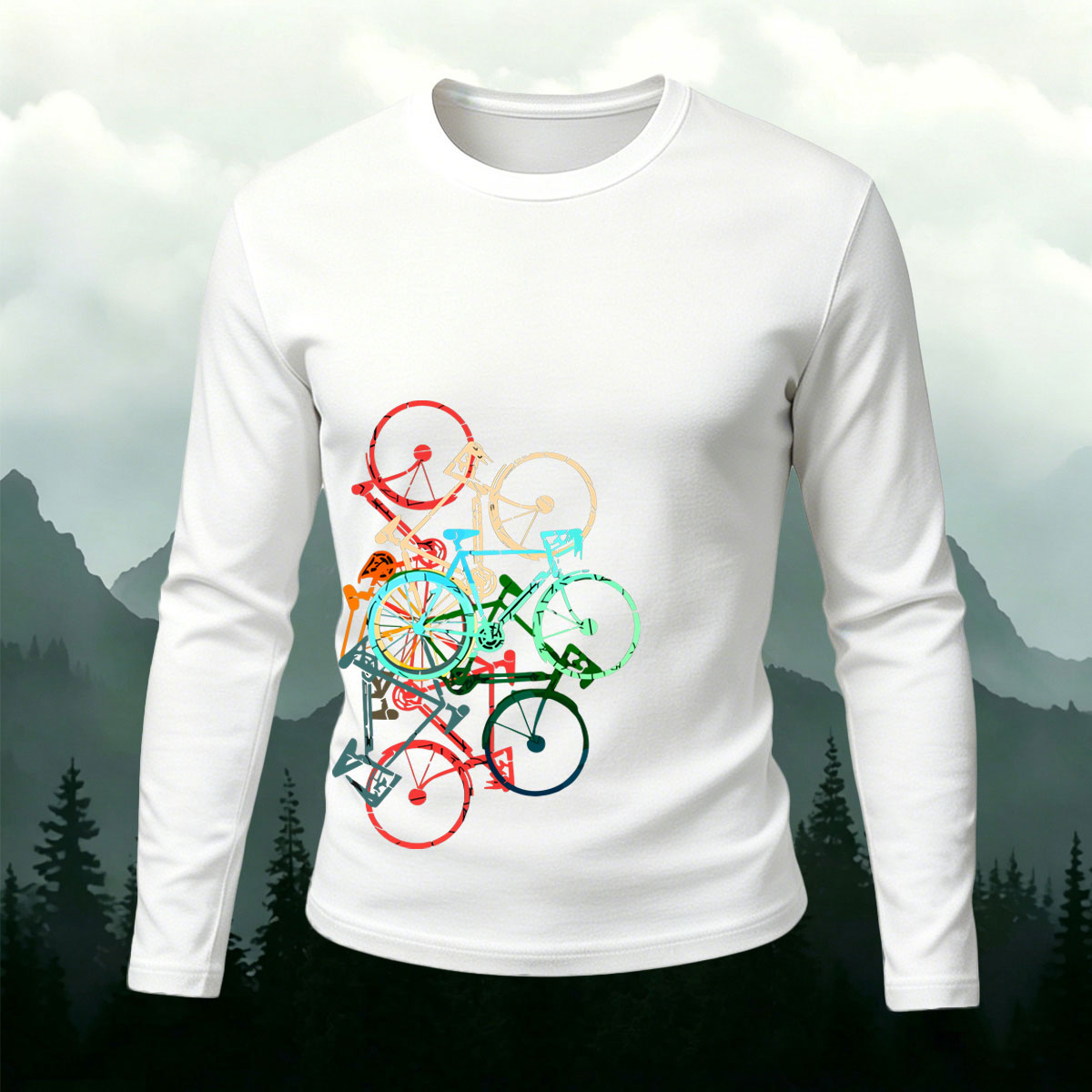 Multicolor Stacked Bike Casual Long Sleeve T-Shirt