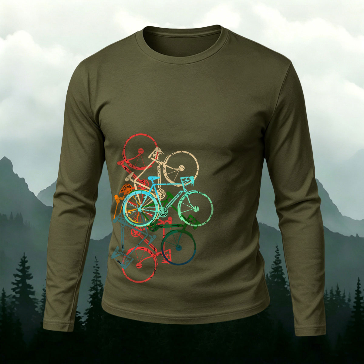 Multicolor Stacked Bike Casual Long Sleeve T-Shirt