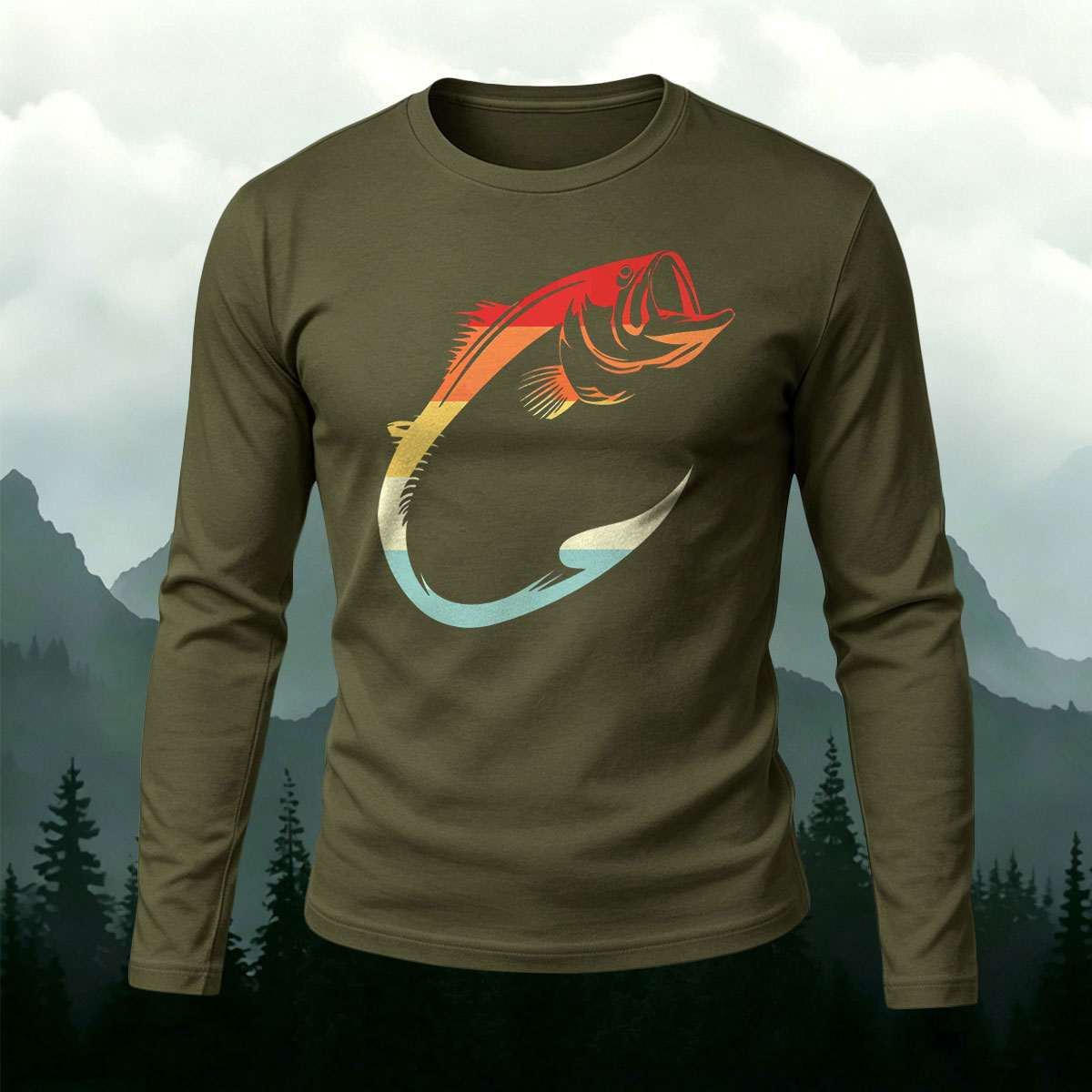 Retro Gradient Bass Fish Hook Long Sleeve T-Shirt