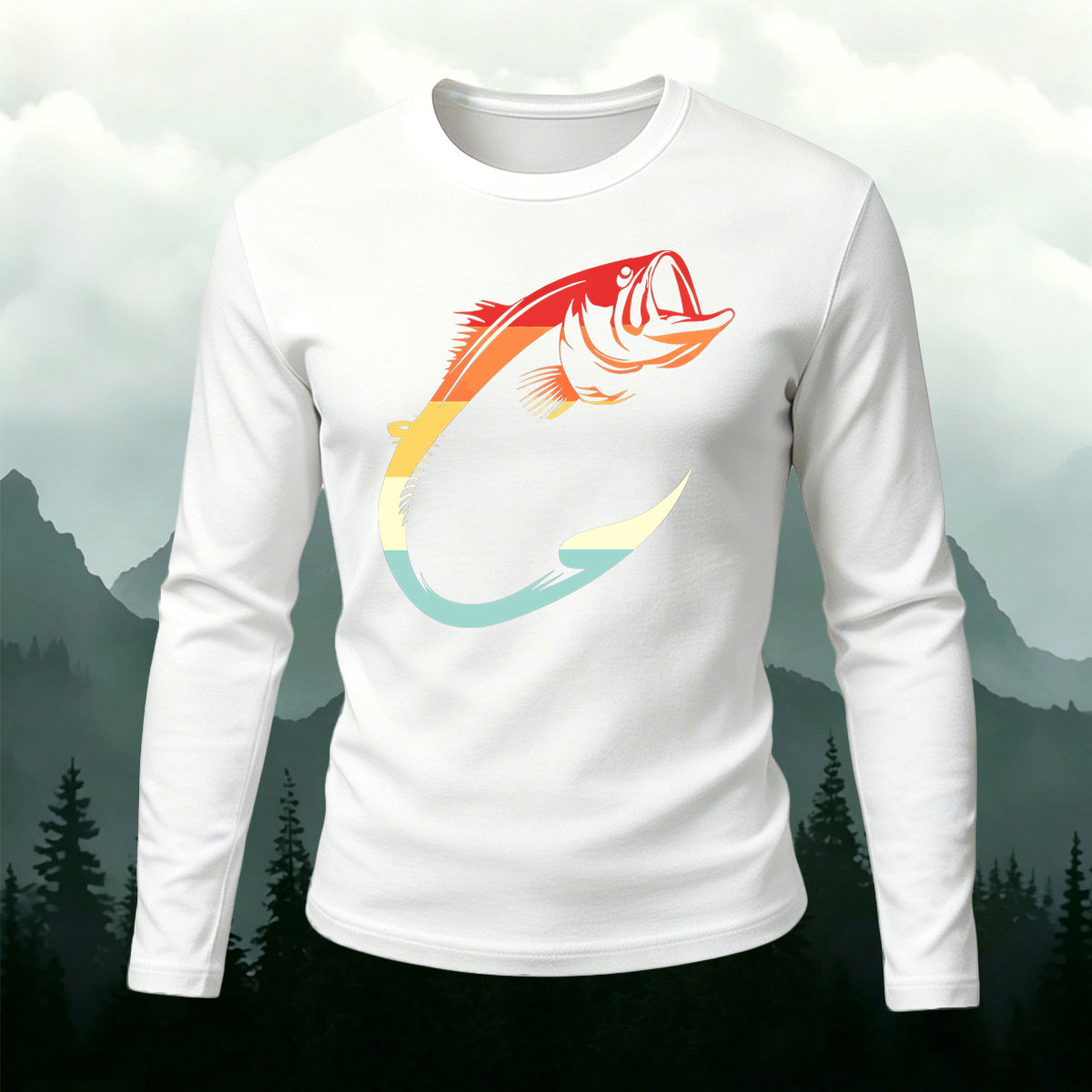 Retro Gradient Bass Fish Hook Long Sleeve T-Shirt