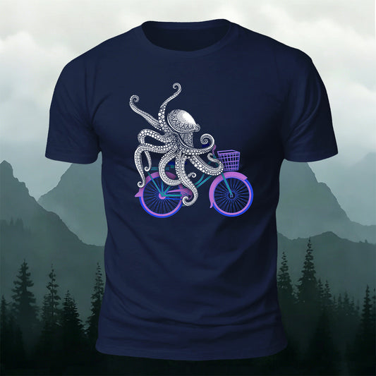 Funny Ornate Octopus Cyclist Casual Cotton Tee
