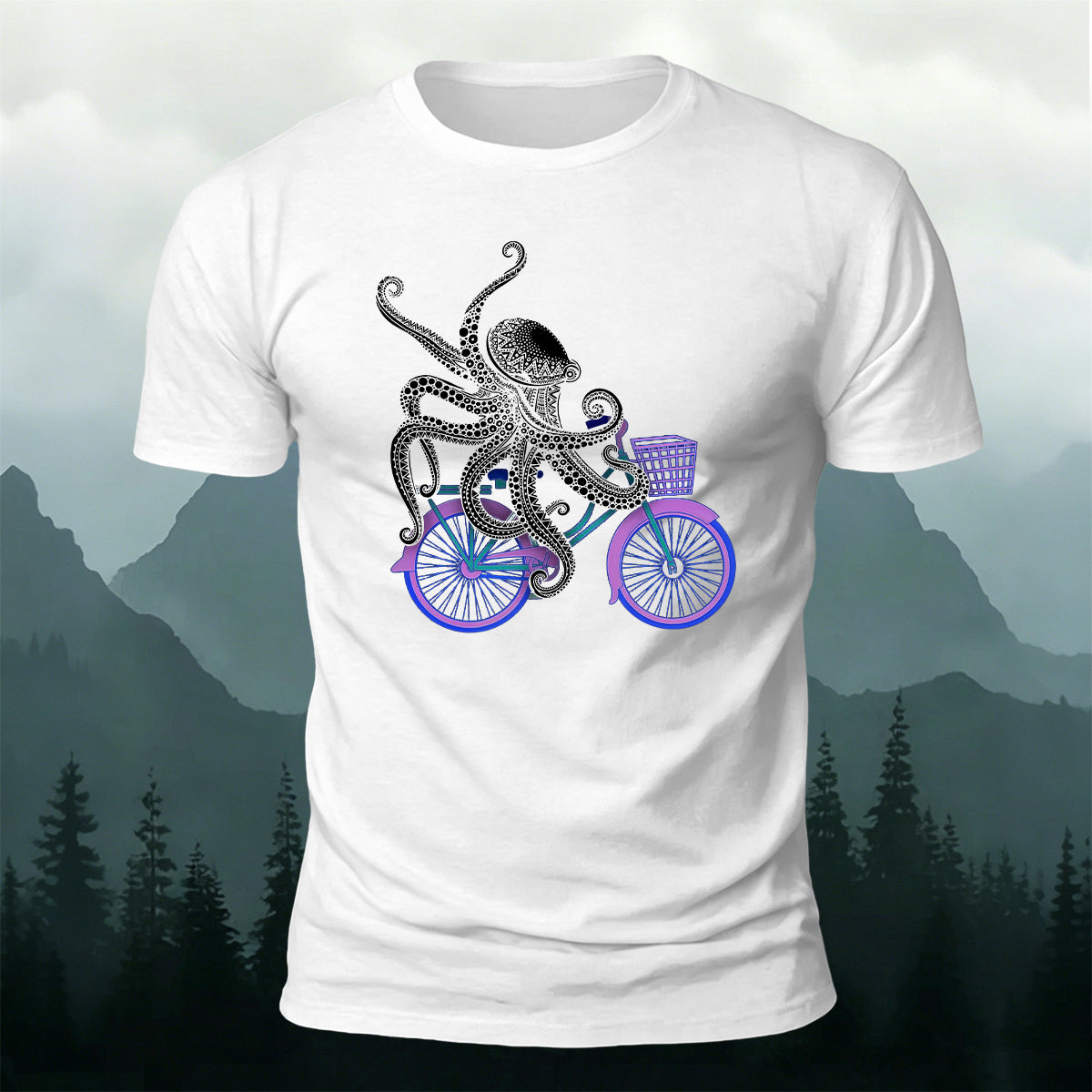 Funny Ornate Octopus Cyclist Casual Cotton Tee