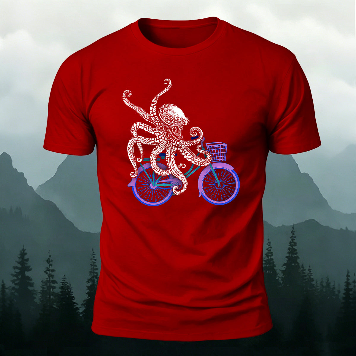 Funny Ornate Octopus Cyclist Casual Cotton Tee