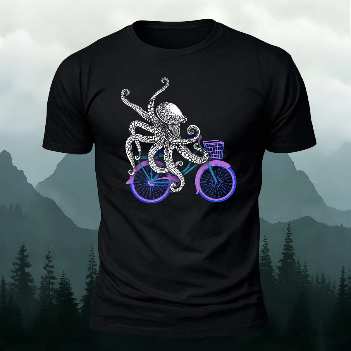 Funny Ornate Octopus Cyclist Casual Cotton Tee