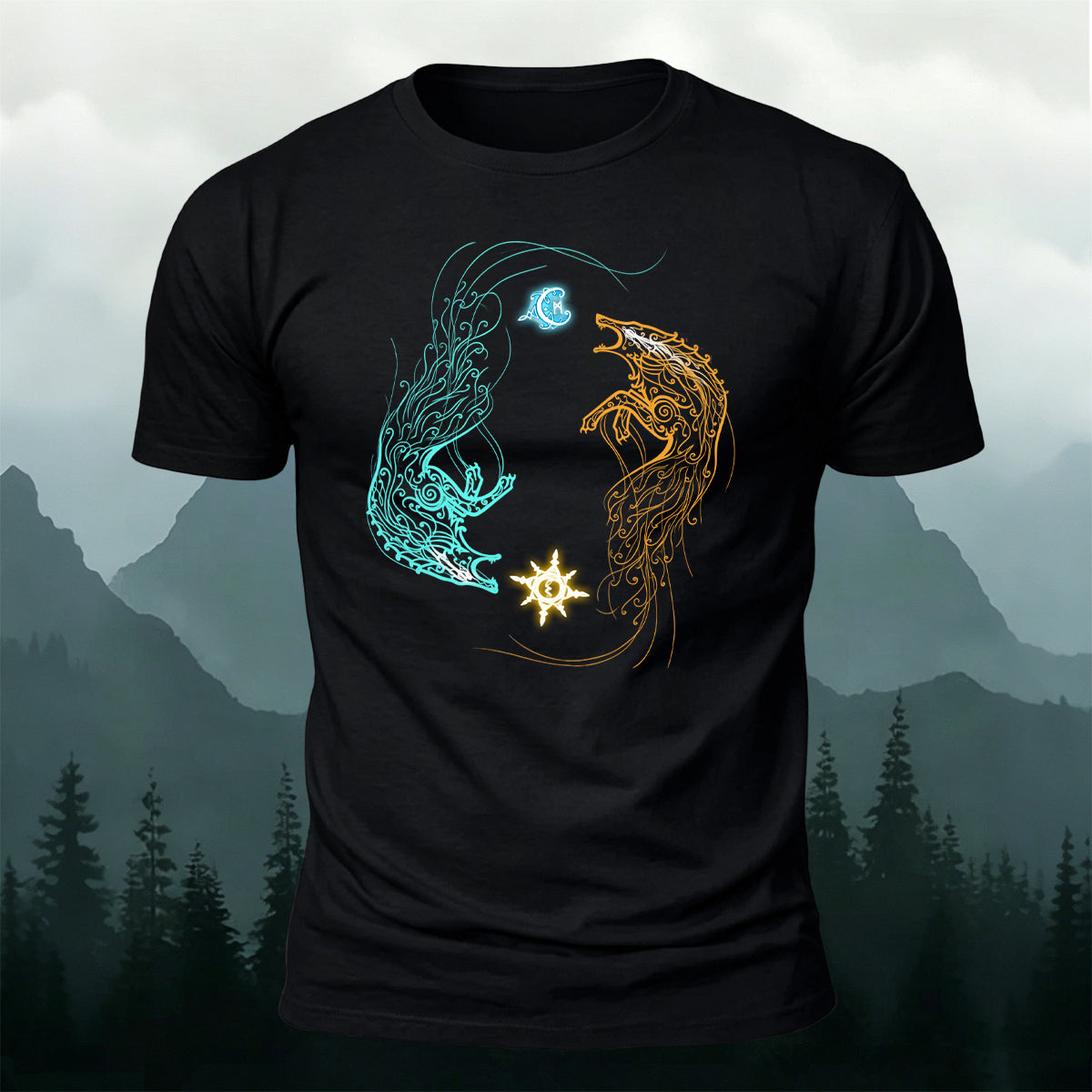 Norse Wolves Chasing Sun Moon Premium Cotton Tee