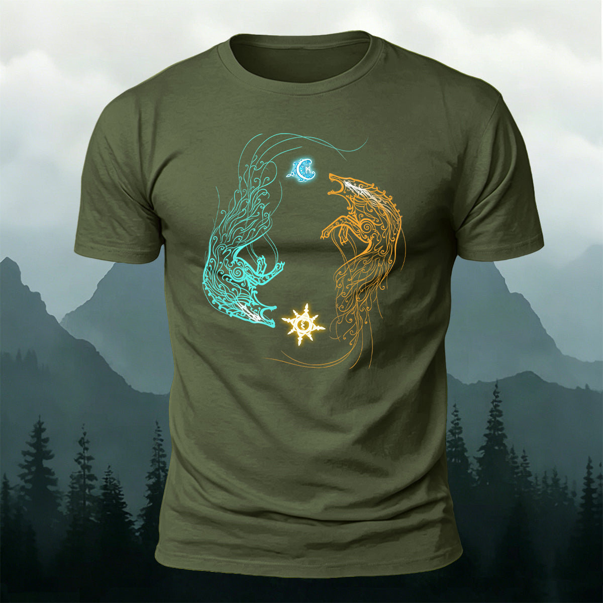 Norse Wolves Chasing Sun Moon Premium Cotton Tee