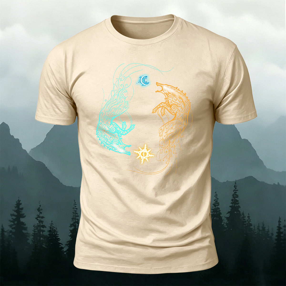Norse Wolves Chasing Sun Moon Premium Cotton Tee