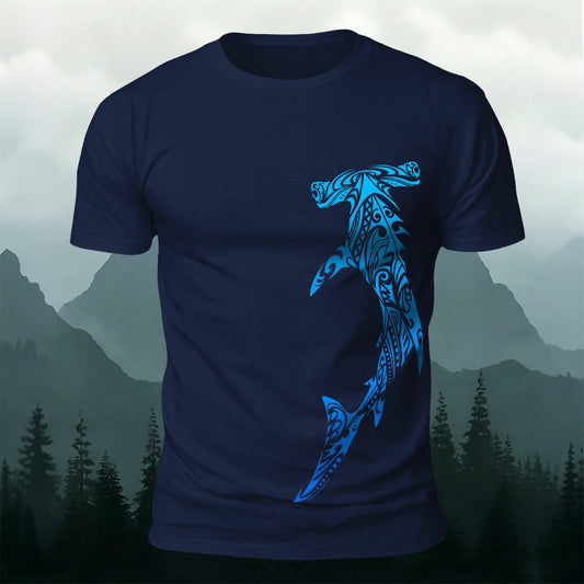 トライバル ハンマーヘッドシャーク カジュアル コットンTシャツ