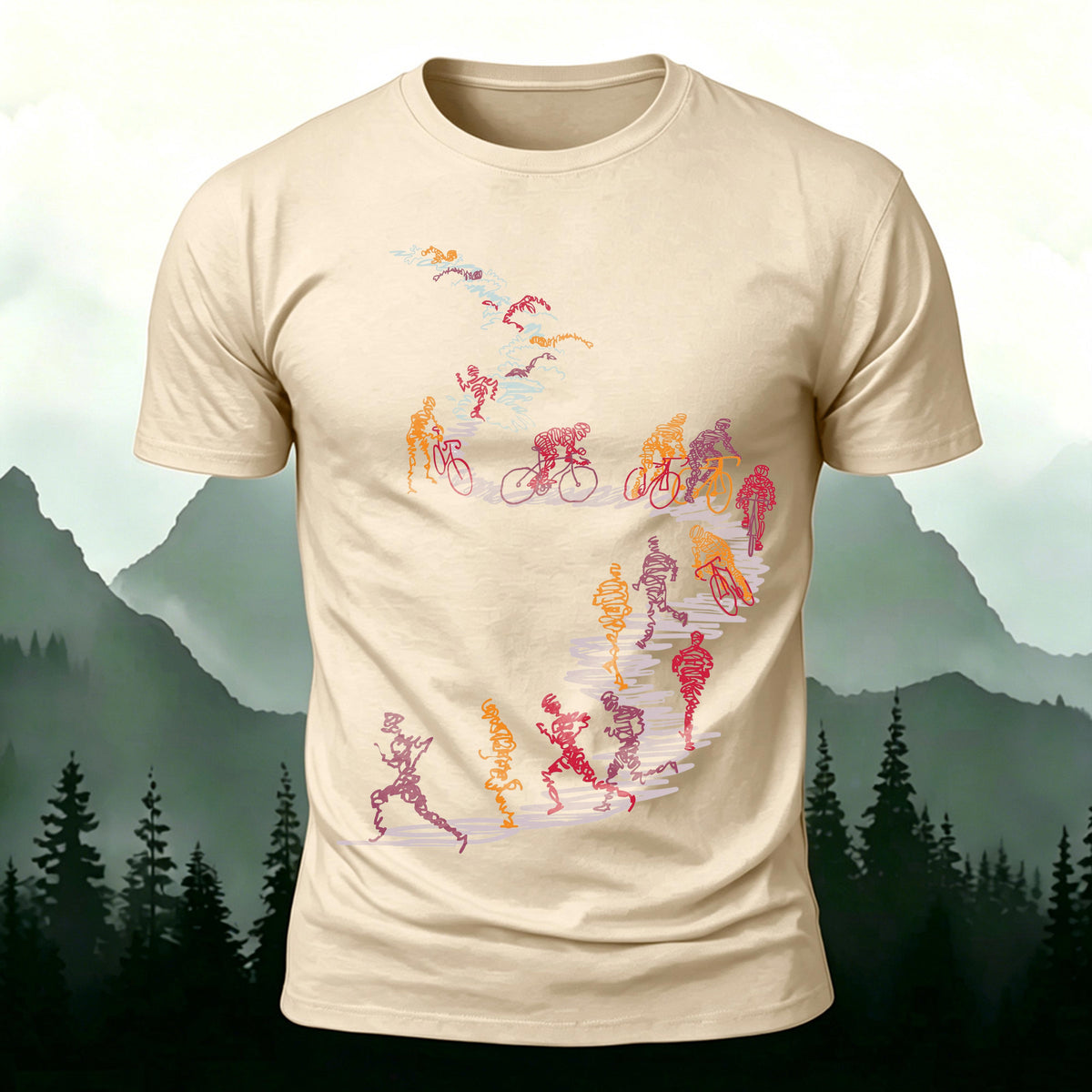 Sublimation Line Art Cyclist Runner Casual T-Shirt