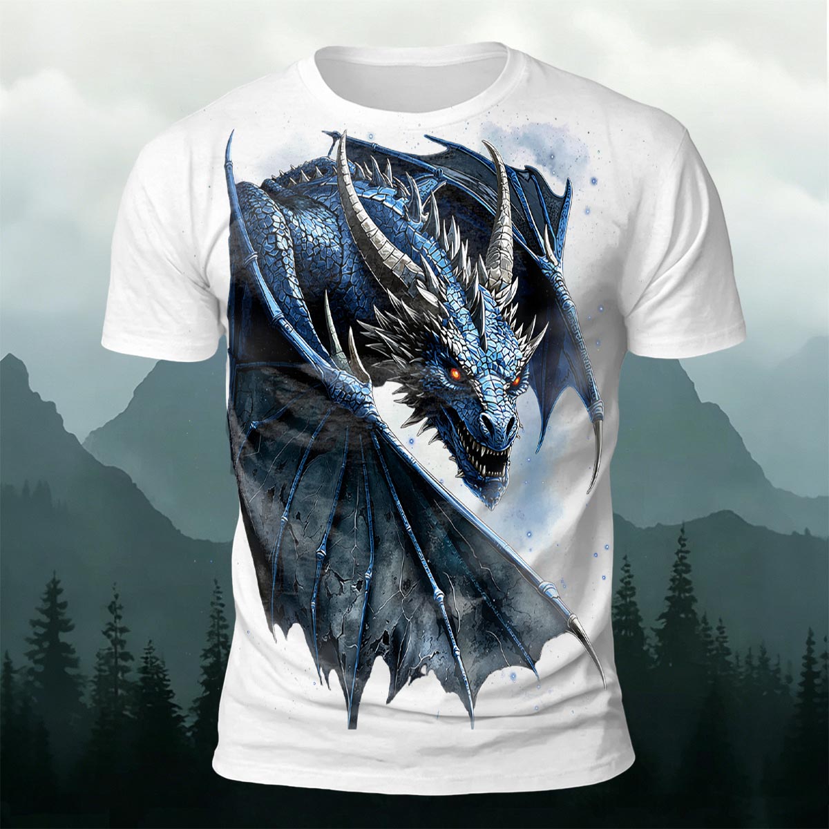 Sublimation Blue Ice Dragon Fantasy Casual T-Shirt