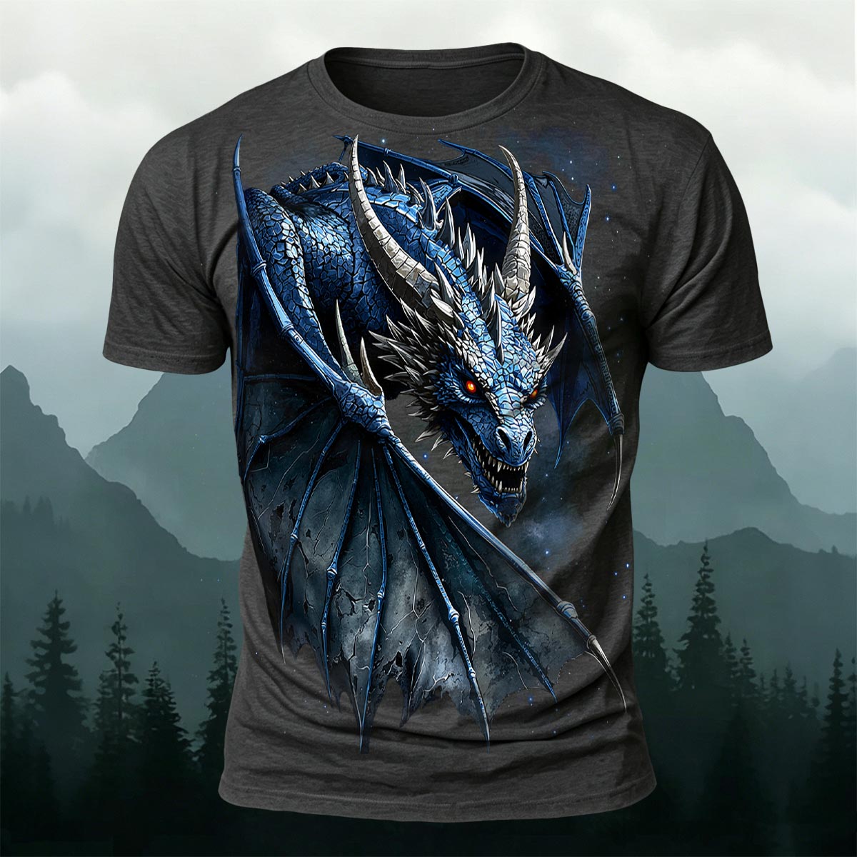 Sublimation Blue Ice Dragon Fantasy Casual T-Shirt