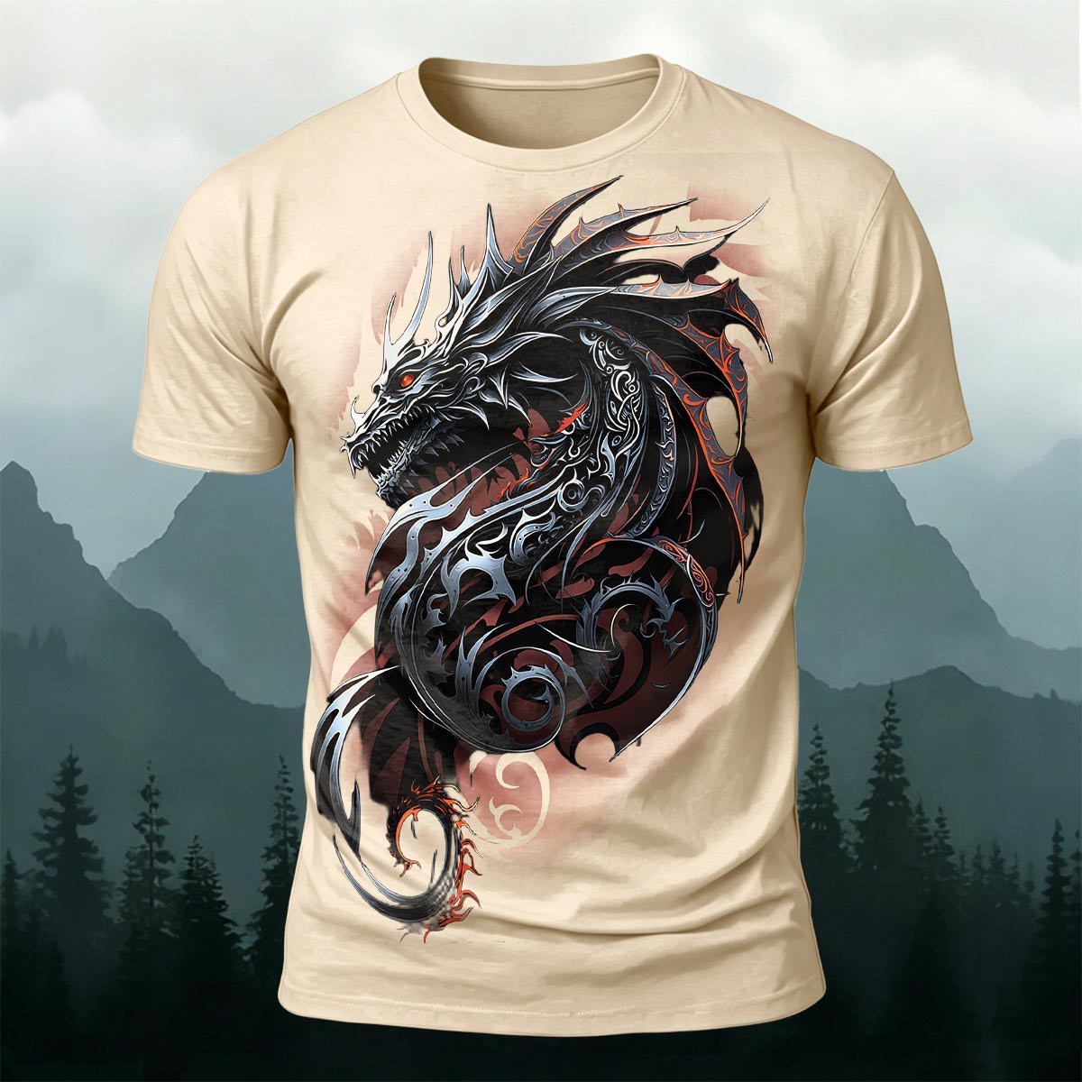 Sublimation Ornate Tribal Dark Dragon Casual T-Shirt