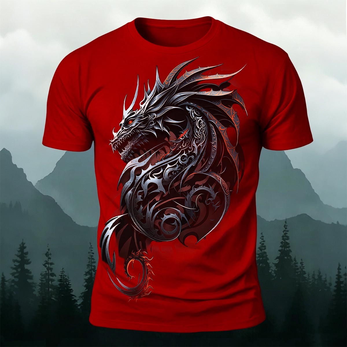Sublimation Ornate Tribal Dark Dragon Casual T-Shirt