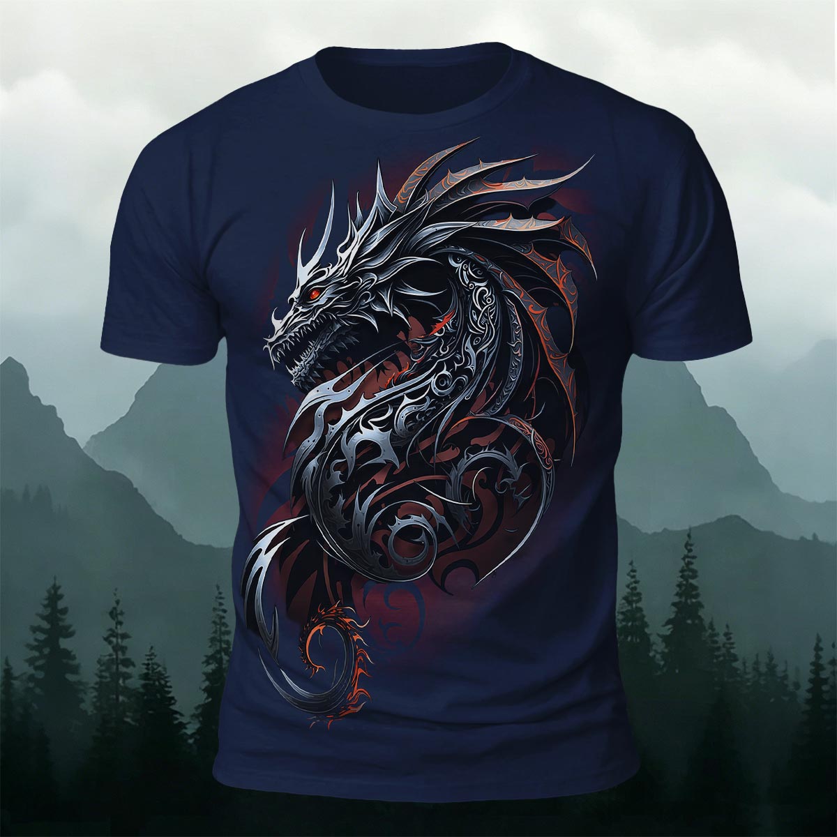 Sublimation Ornate Tribal Dark Dragon Casual T-Shirt