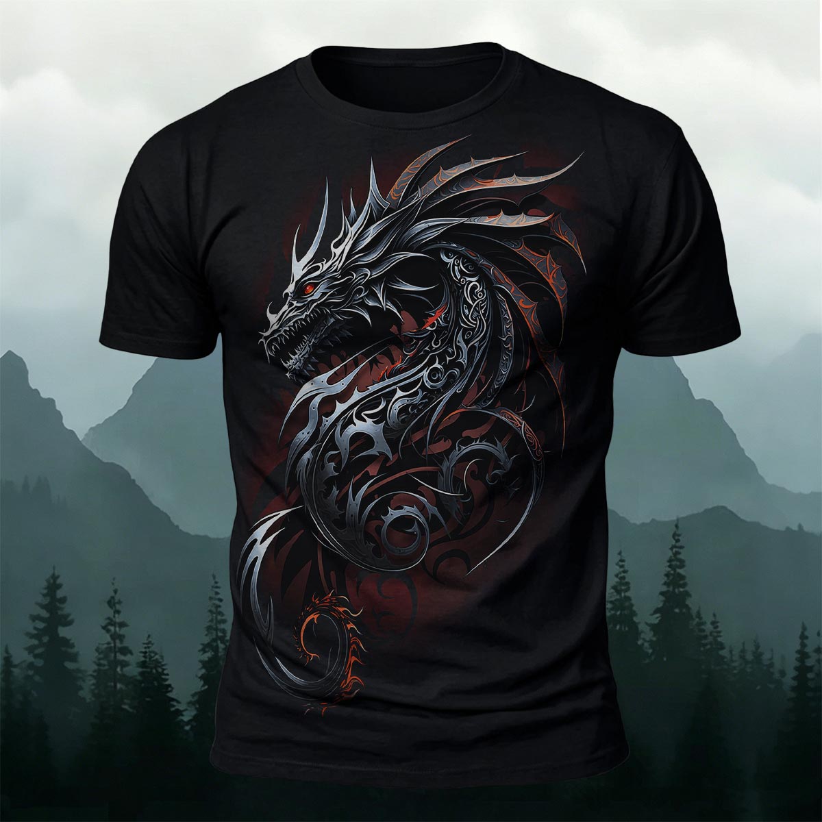 Sublimation Ornate Tribal Dark Dragon Casual T-Shirt