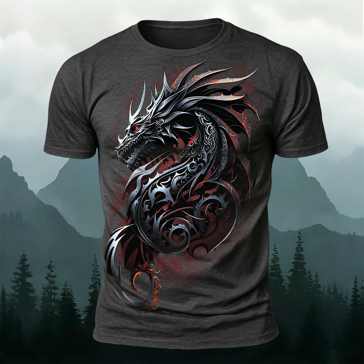Sublimation Ornate Tribal Dark Dragon Casual T-Shirt