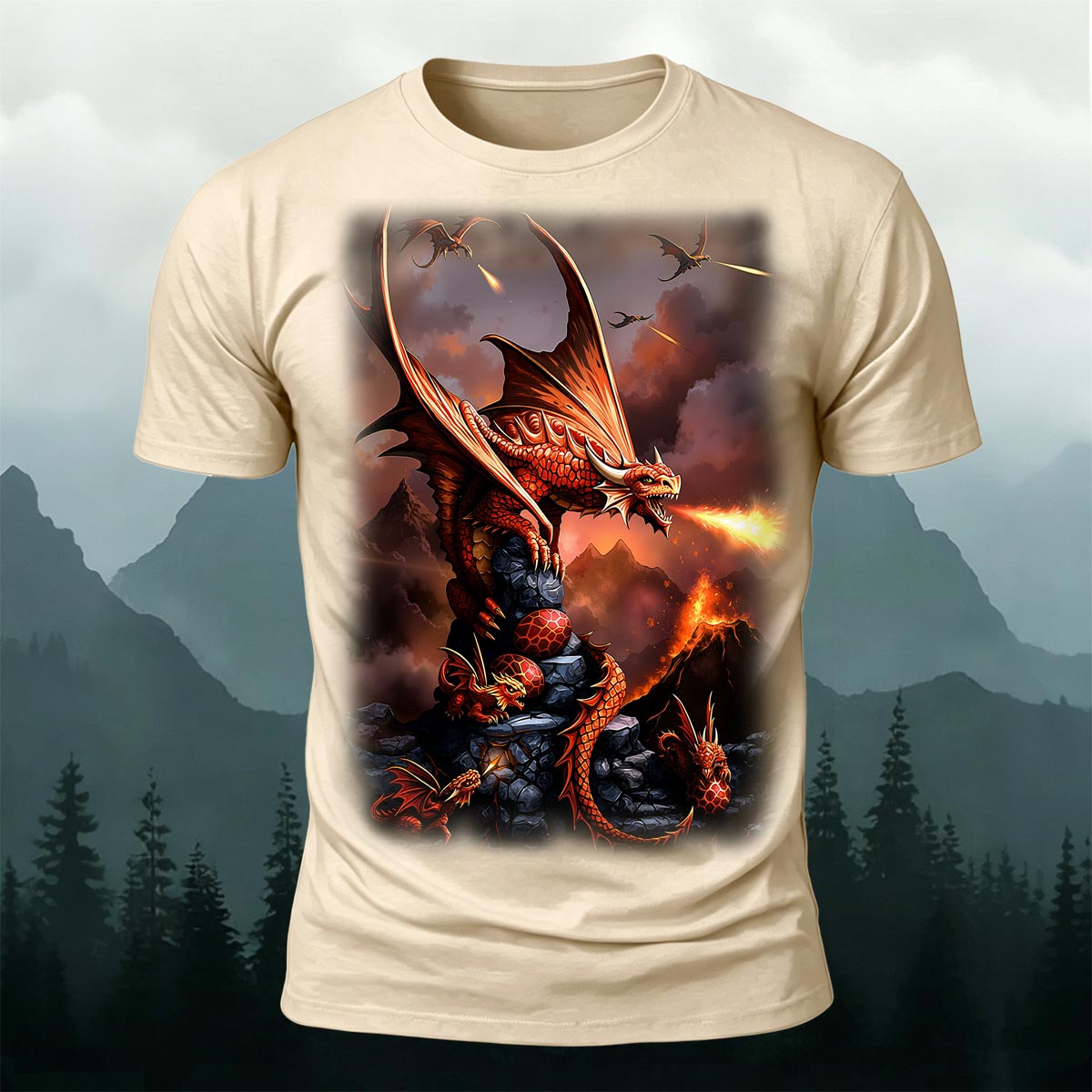 Sublimation Volcano Fire Dragon Fantasy Casual Tee