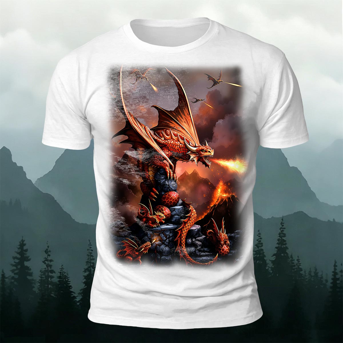 Sublimation Volcano Fire Dragon Fantasy Casual Tee