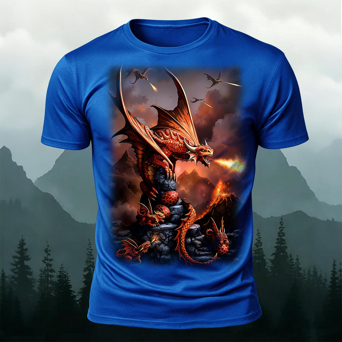 Sublimation Volcano Fire Dragon Fantasy Casual Tee