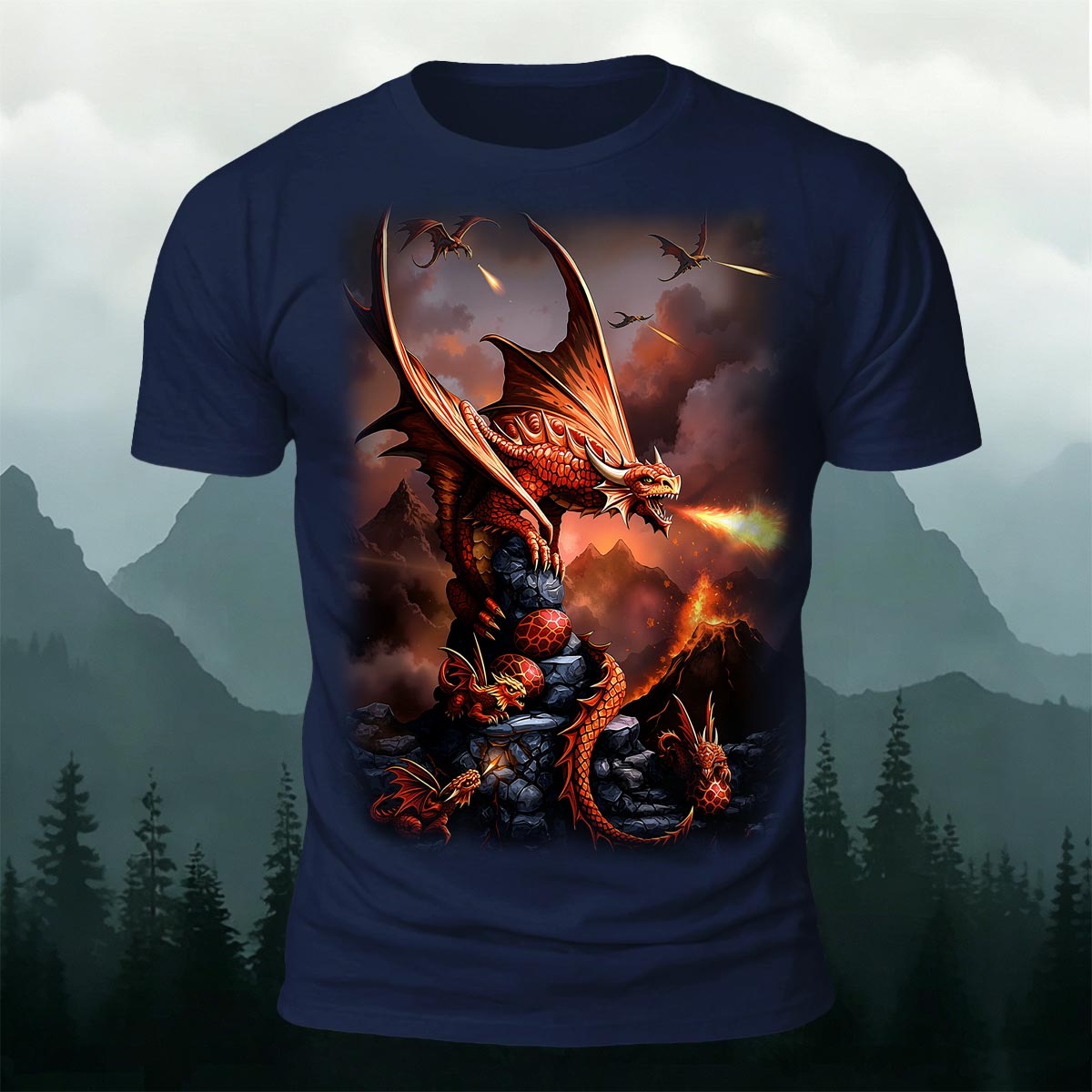 Sublimation Volcano Fire Dragon Fantasy Casual Tee