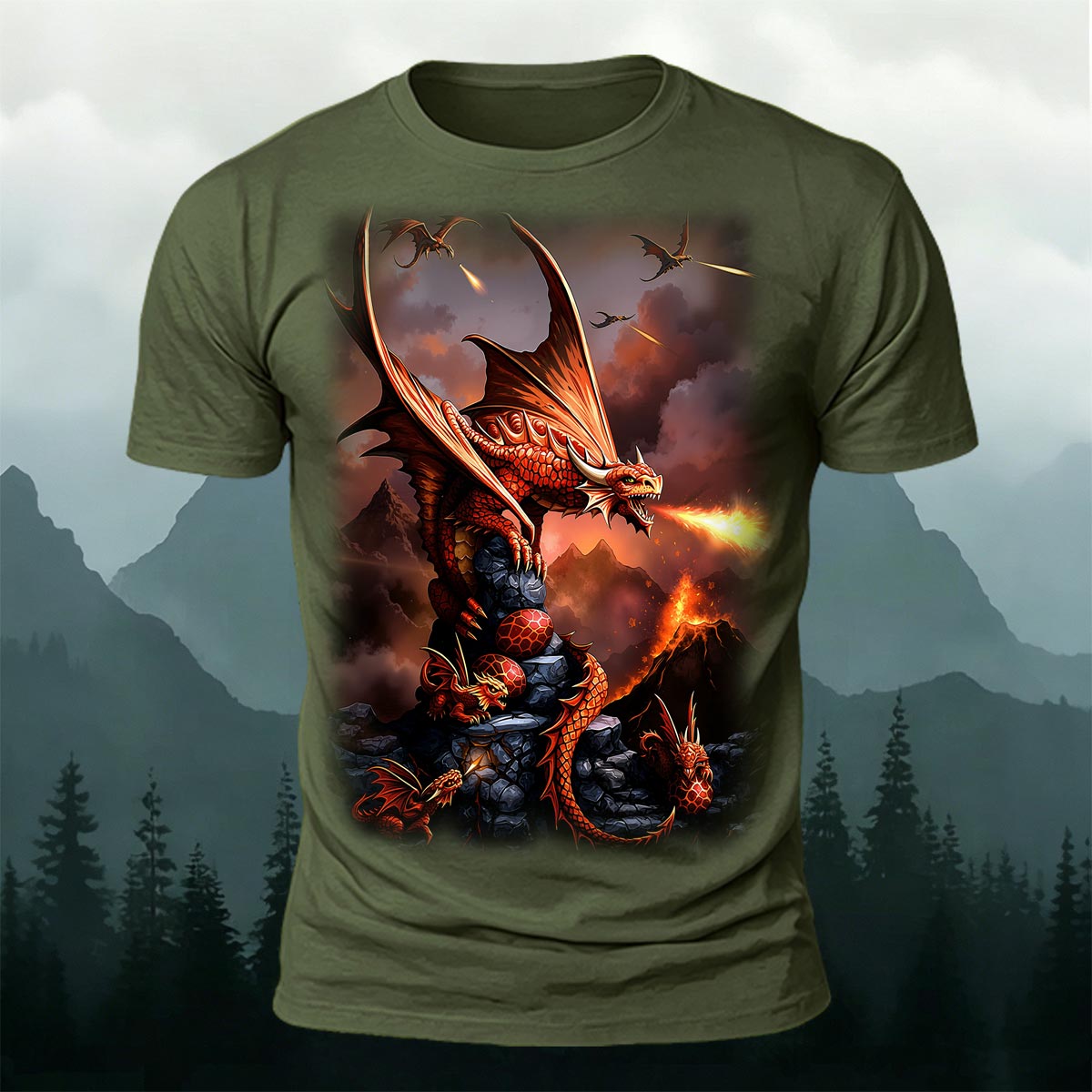 Sublimation Volcano Fire Dragon Fantasy Casual Tee