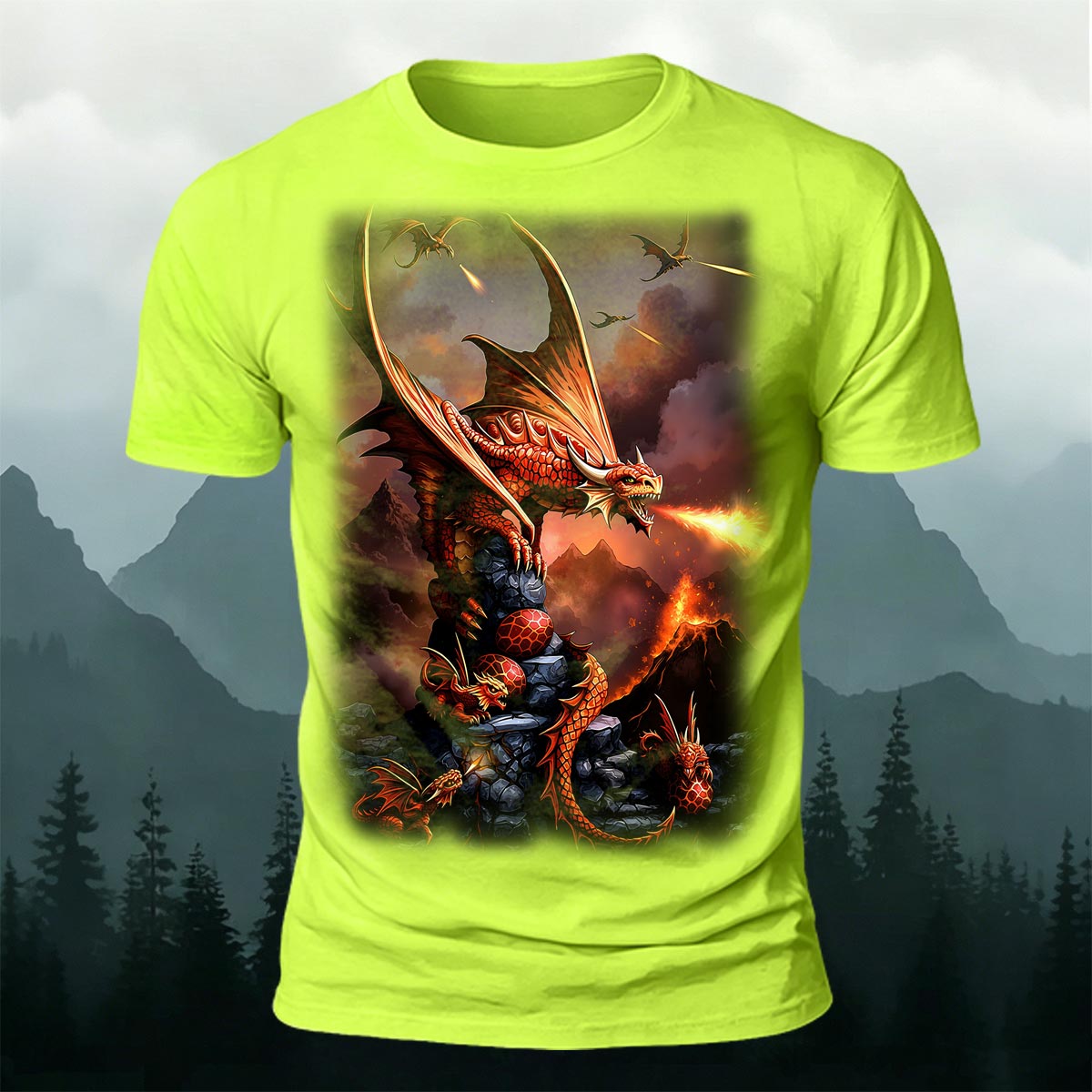 Sublimation Volcano Fire Dragon Fantasy Casual Tee