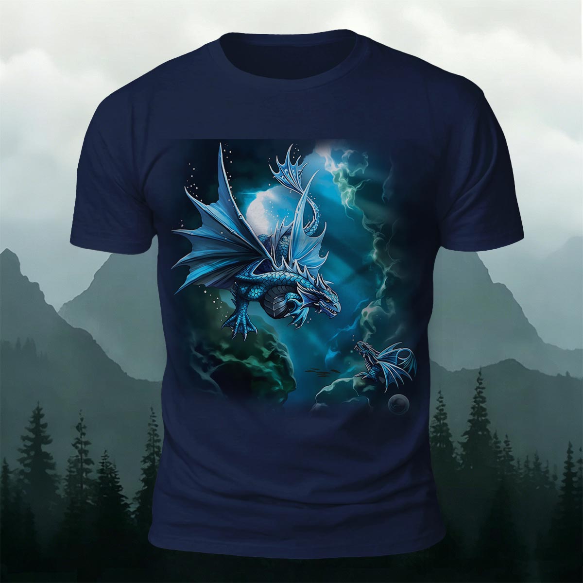 Sublimation Blue Water Dragon Fantasy Casual Tee