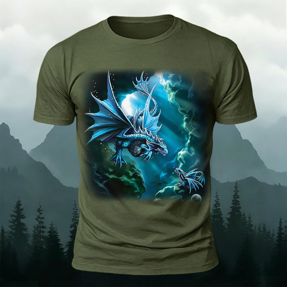 Sublimation Blue Water Dragon Fantasy Casual Tee