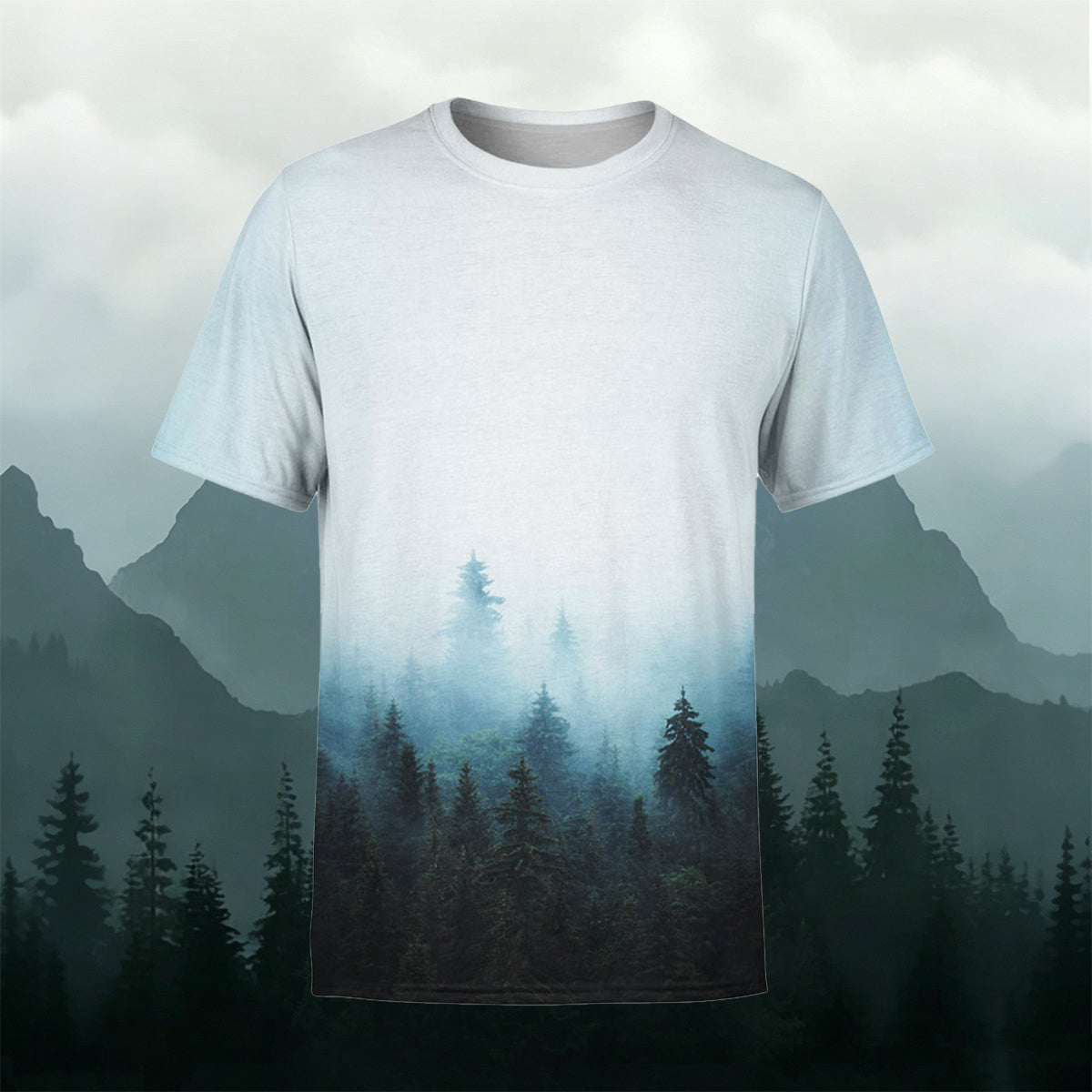 昇華印刷 ミスティフォレスト風景 アウトドア カジュアルTシャツ