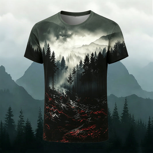 Sublimation Dark Forest Red Rocky Outdoor Casual Tee