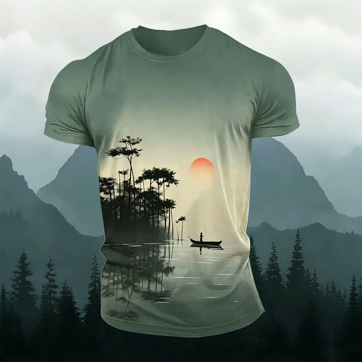 昇華印刷 オリエンタルインク 湖の釣り人 カジュアルTシャツ