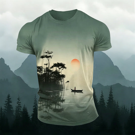 Sublimation Oriental Ink Lake Fisherman Casual Tee