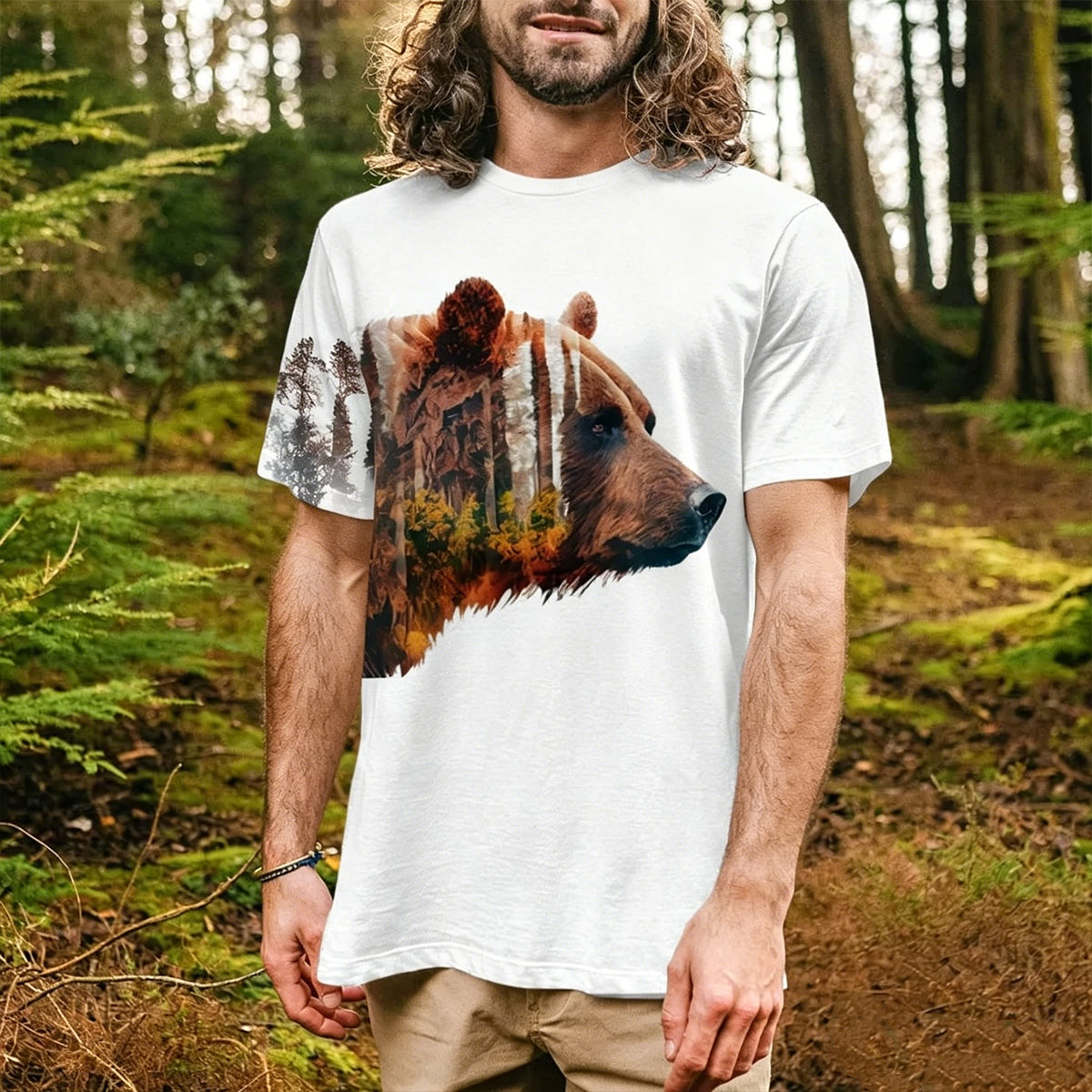 昇華印刷 野生動物 熊 森 グラフィック カジュアルTシャツ