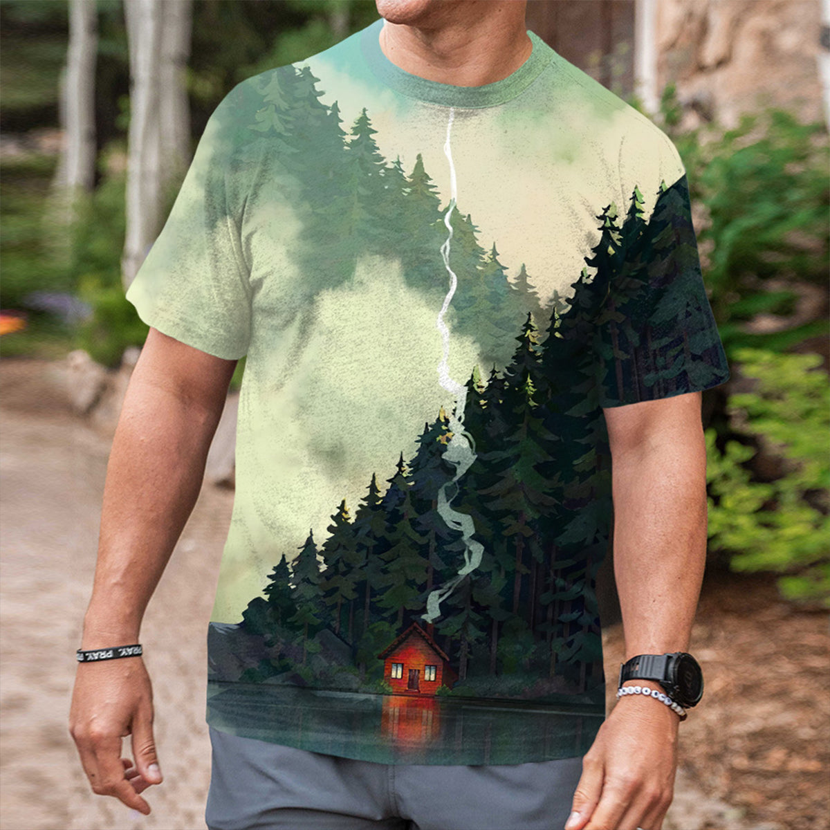 昇華印刷 レトロ 湖畔のキャビン ウッド カジュアルTシャツ