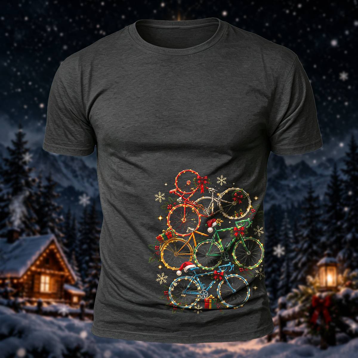 クリスマス バイク スタック プリント カジュアル 半袖Tシャツ