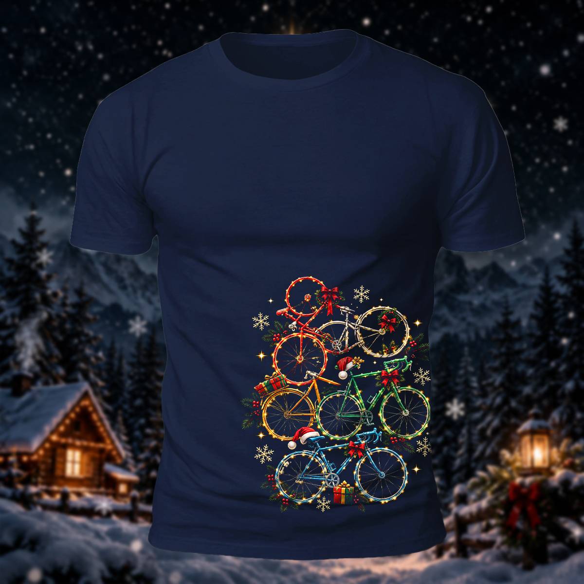 クリスマス バイク スタック プリント カジュアル 半袖Tシャツ