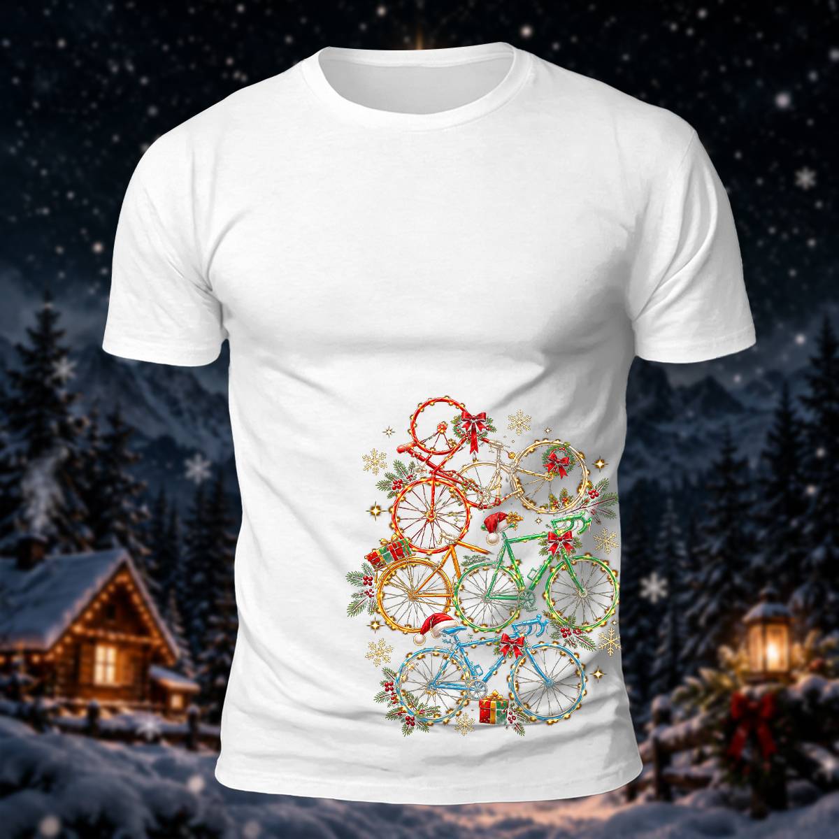 クリスマス バイク スタック プリント カジュアル 半袖Tシャツ
