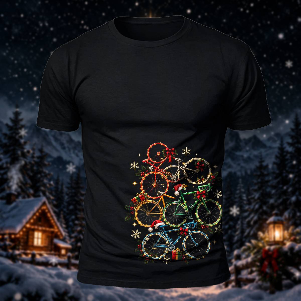 クリスマス バイク スタック プリント カジュアル 半袖Tシャツ