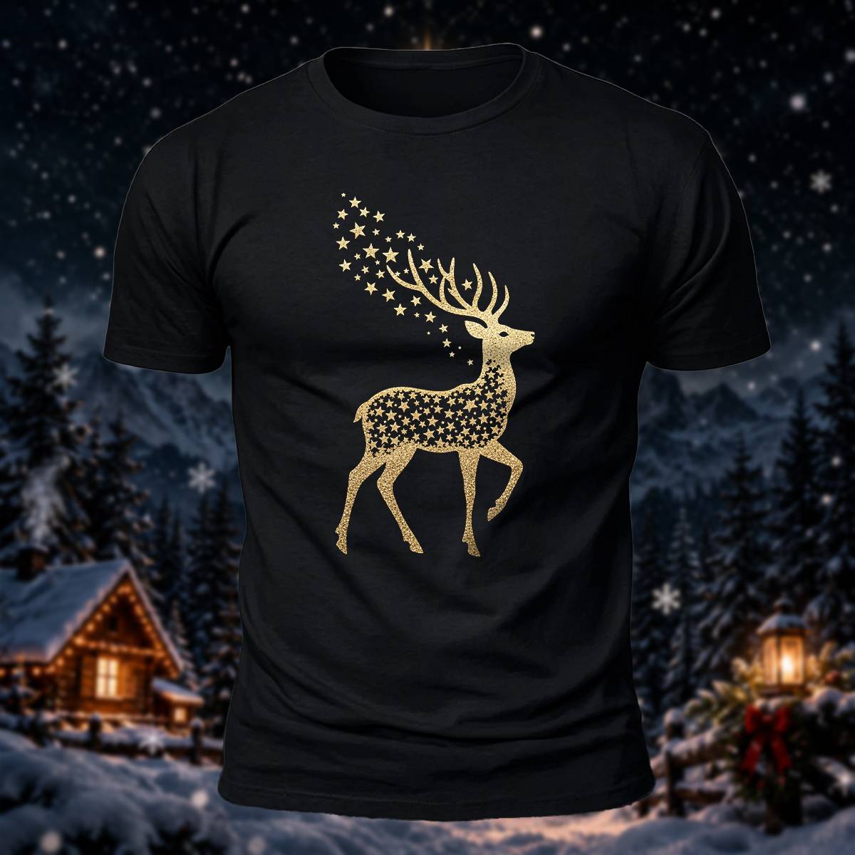 ゴールデン स्टार トナカイ クリスマス カジュアル コットン Tシャツ