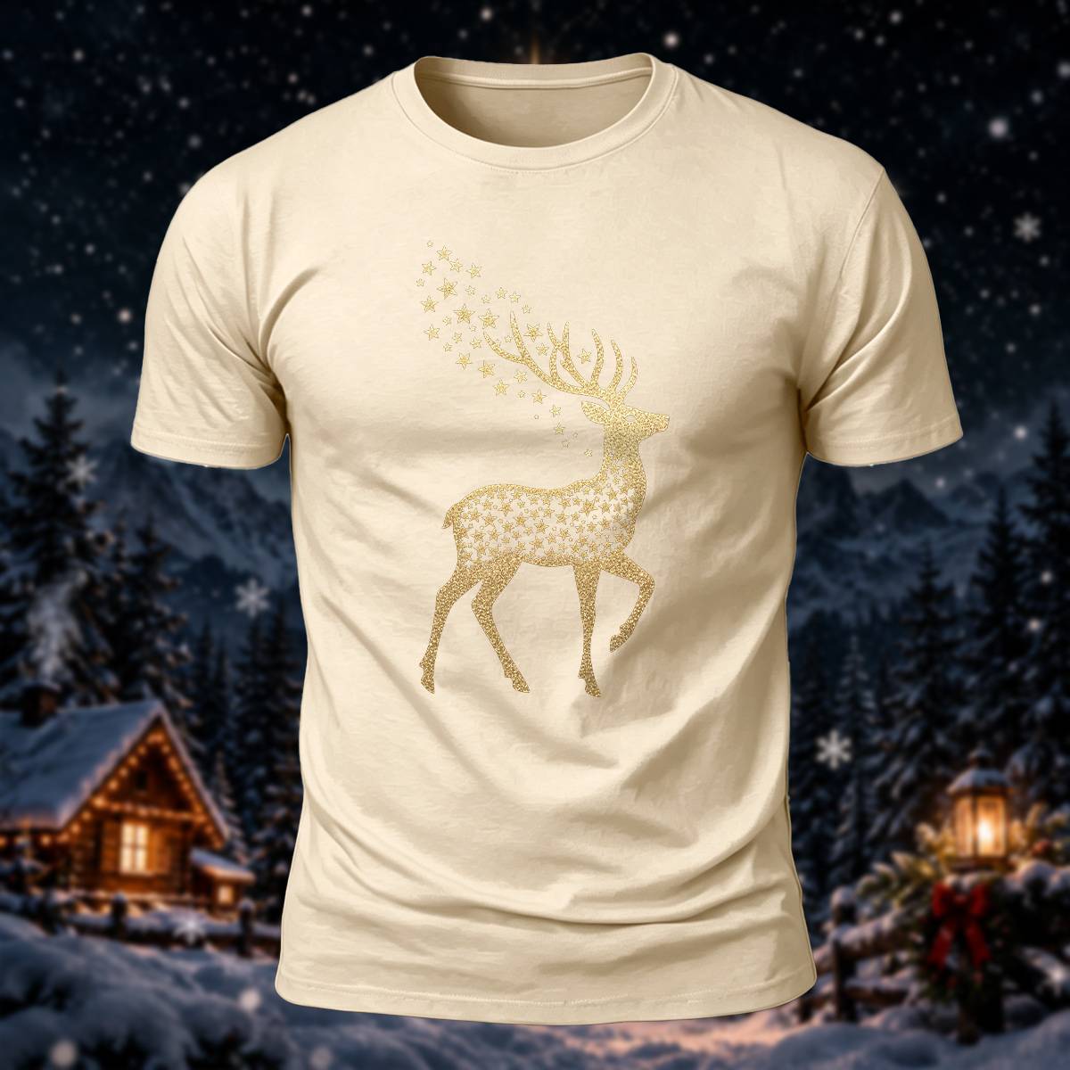 ゴールデン स्टार トナカイ クリスマス カジュアル コットン Tシャツ
