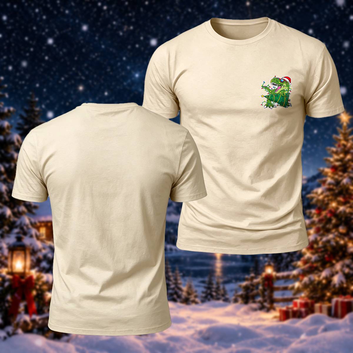 かわいいクリスマス恐竜 カジュアル プレミアムコットンTシャツ