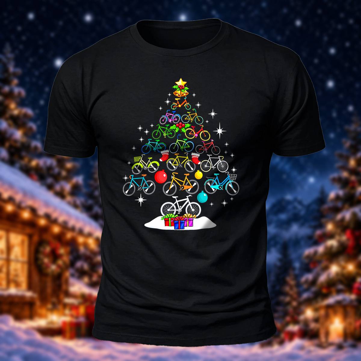 Bicycle Christmas Tree Print Casual Short Sleeve T-Shirt
