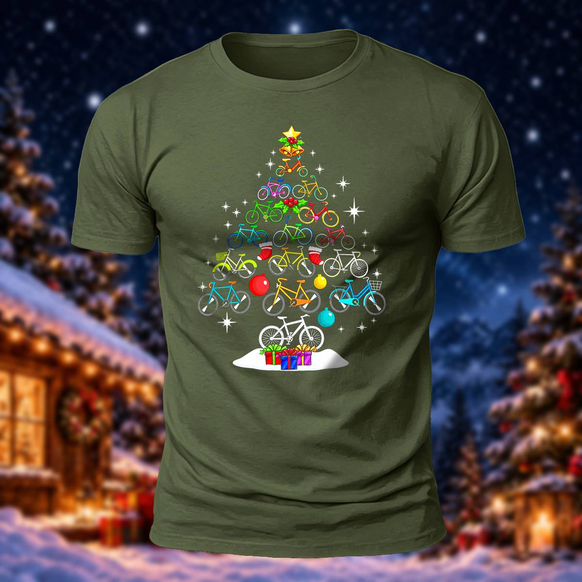 Bicycle Christmas Tree Print Casual Short Sleeve T-Shirt