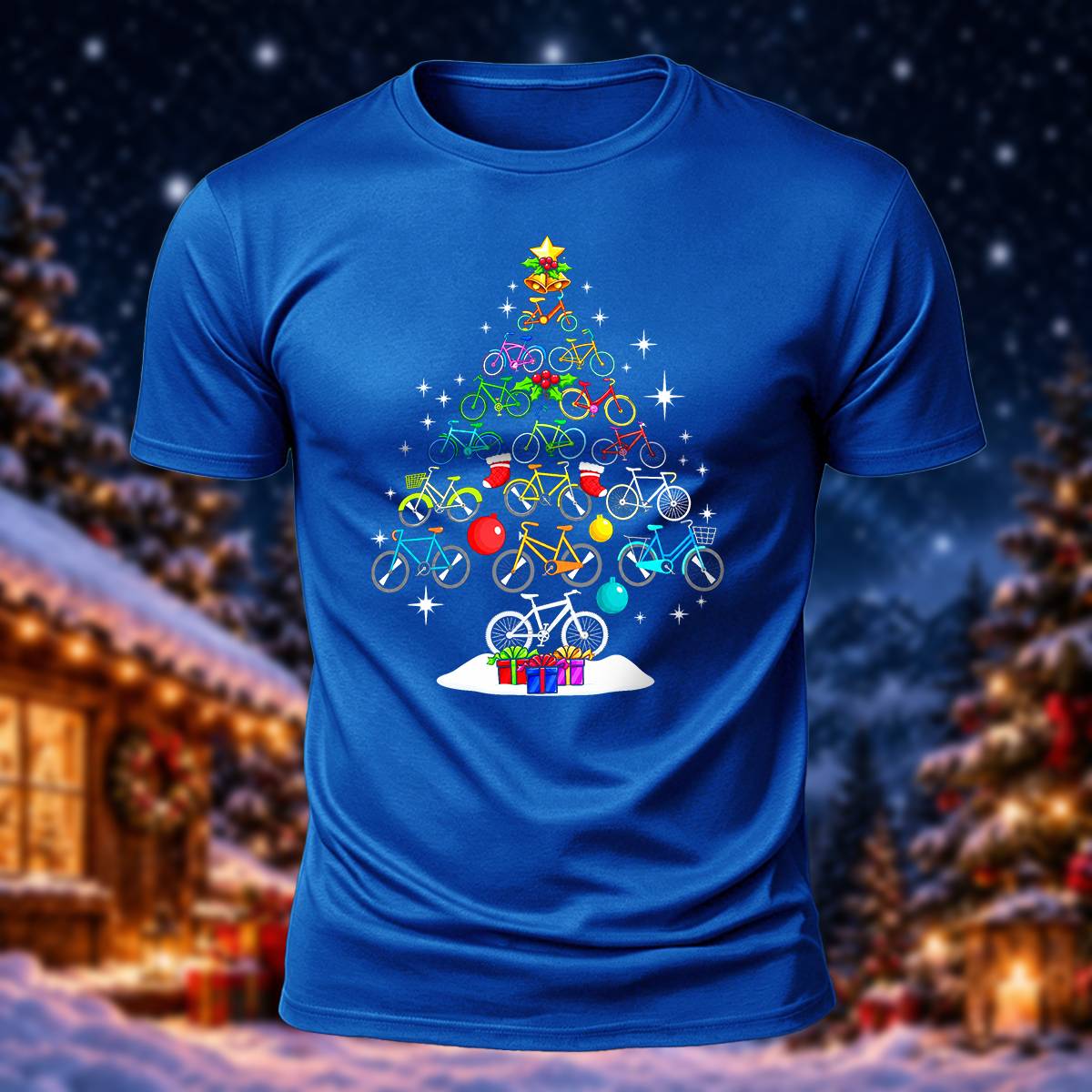 Bicycle Christmas Tree Print Casual Short Sleeve T-Shirt