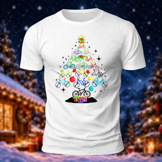 自転車とクリスマスツリーのプリント カジュアル半袖Tシャツ