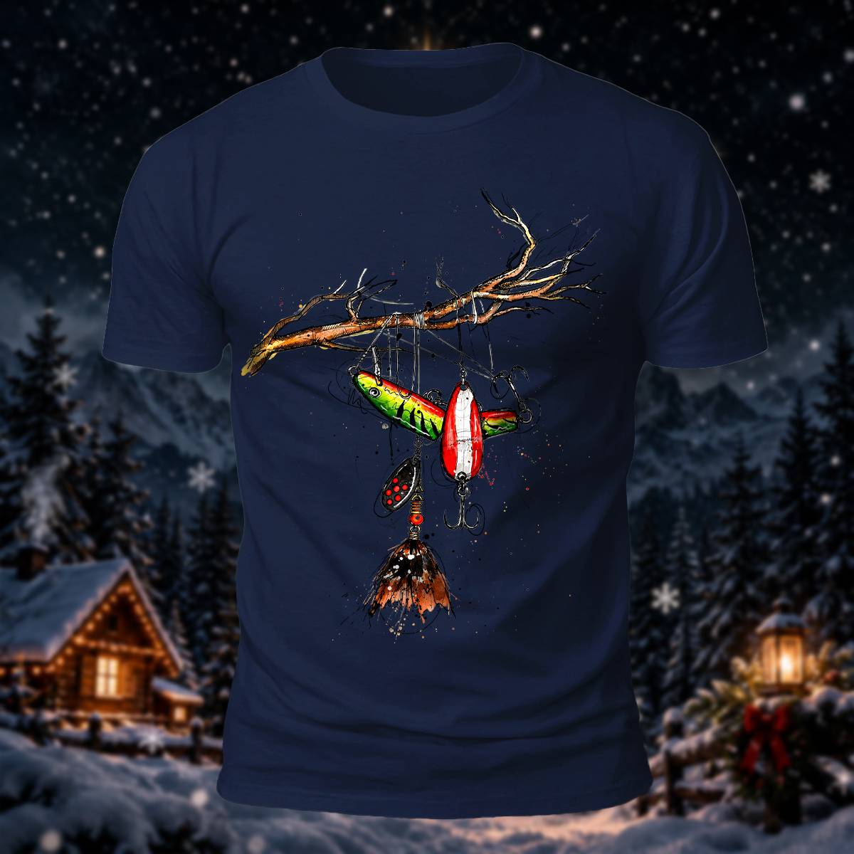 Fishing Lure Branch Christmas Print Casual T-Shirt